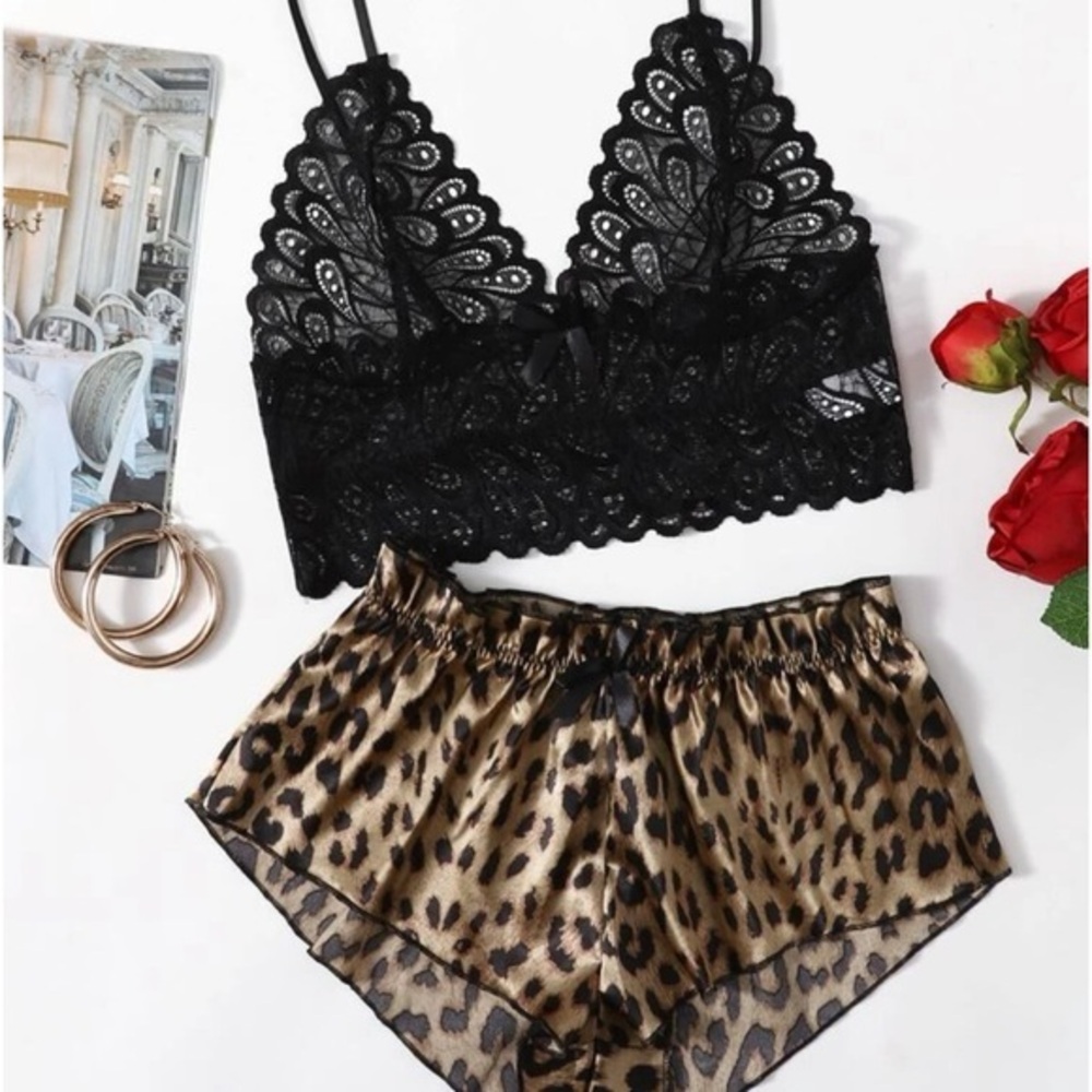 Leopard Satin Floral Lace Lingerie Set